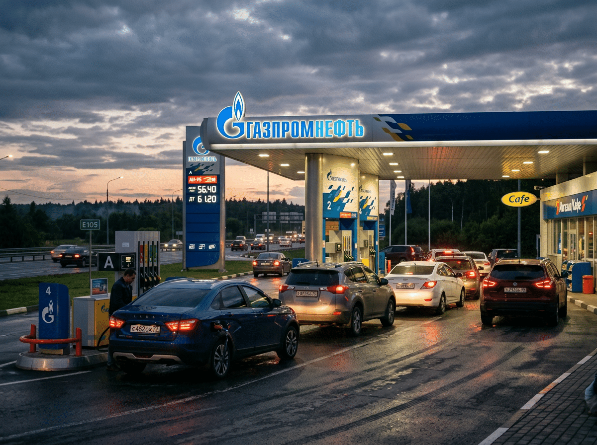 Российская автозаправочная станция. Стоят машины в очереди на заправку.